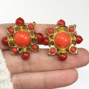 Vintage Jose and Maria Barrera Gold Plated Coral Maltese Cross Clip On Earrings